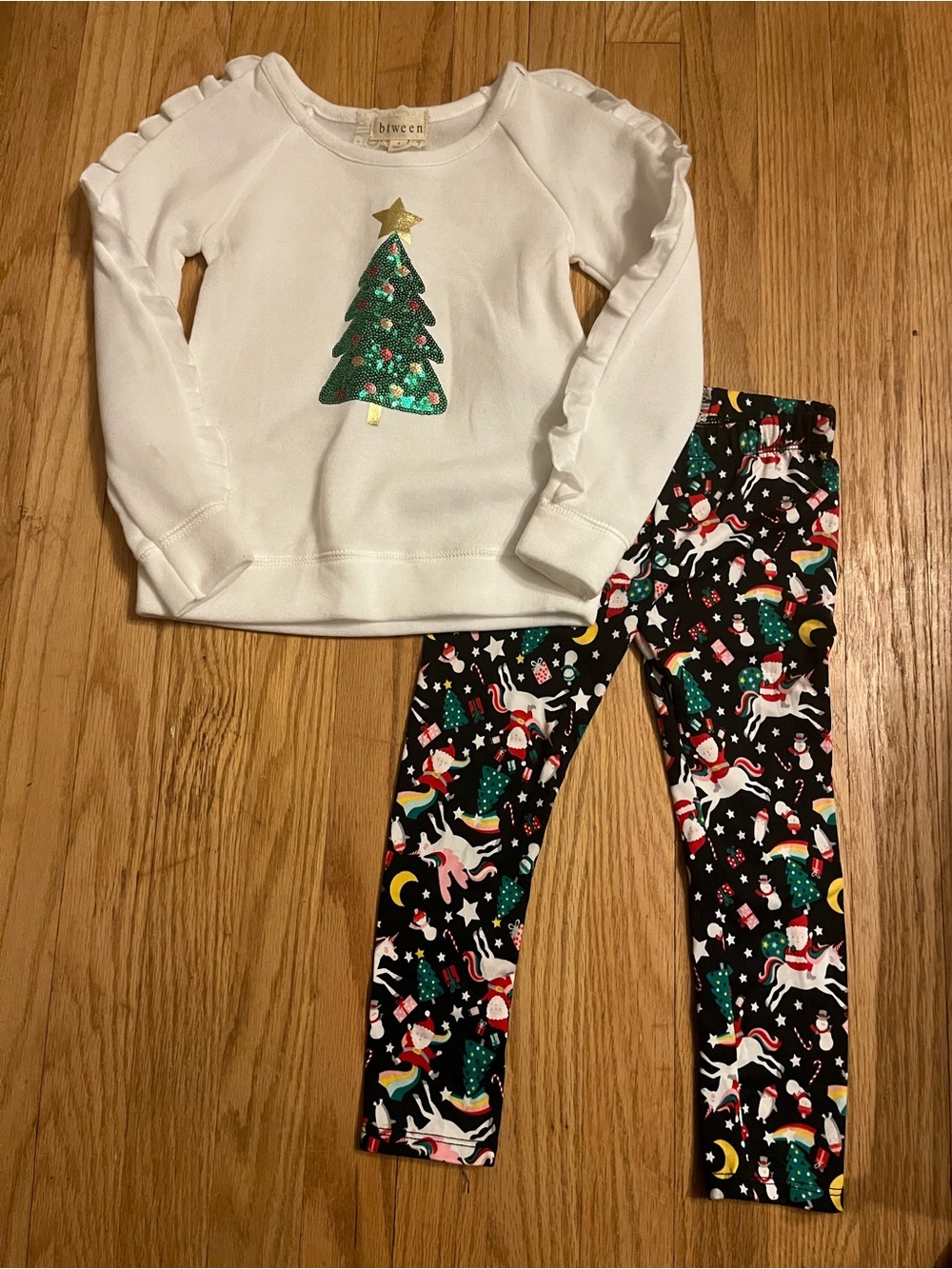 Btween Ruffle Sleeve Christmas Sweatshirt & Holiday Unicorn Leggings Set - 4